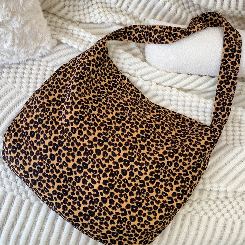 Fashion Canvas Bag Female Handbag Tote Large Capacity Underarm Bag Vintage Leopard Pattern Shoulder Shopping Bag