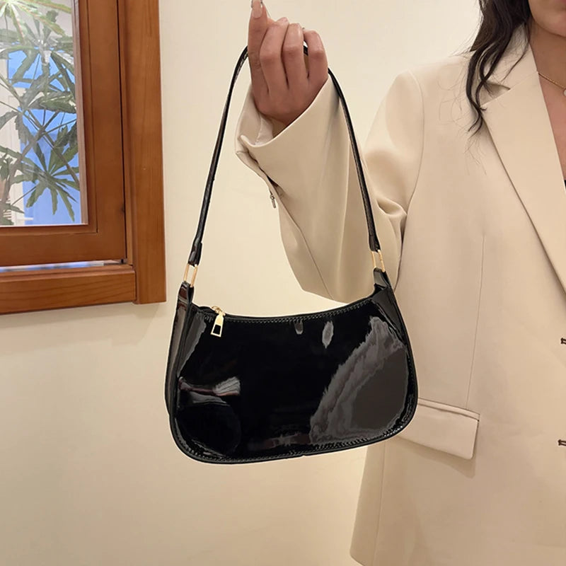 Women's Patent Leather Handbag Versatile Fashion Shoulder Bag Casual Commuting Bag Girl Brand Designer Zipper Small Handbag