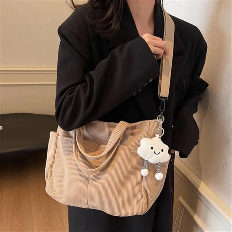 New Corduroy Tote Bag with Zipper Closure, Chic Daily Commuter Handbag Shoulder Crossbody Bag, Ideal for Shopping & Everyday Use