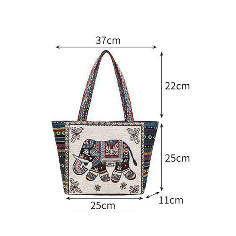 New Ethnic Style Shoulder Bag Office Handbag Student Canvas Embroidery Elephant  Casual Travel Storage Tote Bag For Women