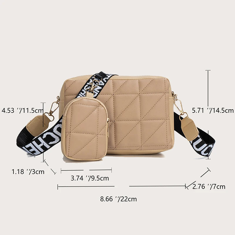 New Solid Color Diamond Plaid Son And Mother Fashion Shoulder Bag Trendy Letter Wide Shoulder Strap Crossbody Small Square Bag