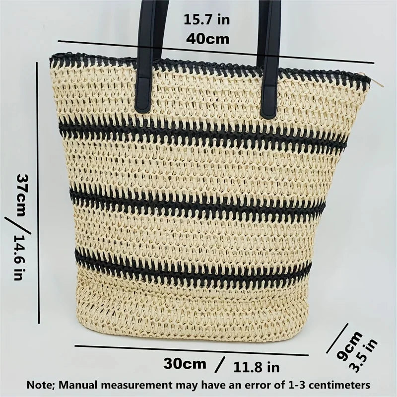 Large Boho Chic Striped Woven Tote Bag, Spacious Shoulder Beach & Shopping Bag for Women with Black and White Design, Beach Bag