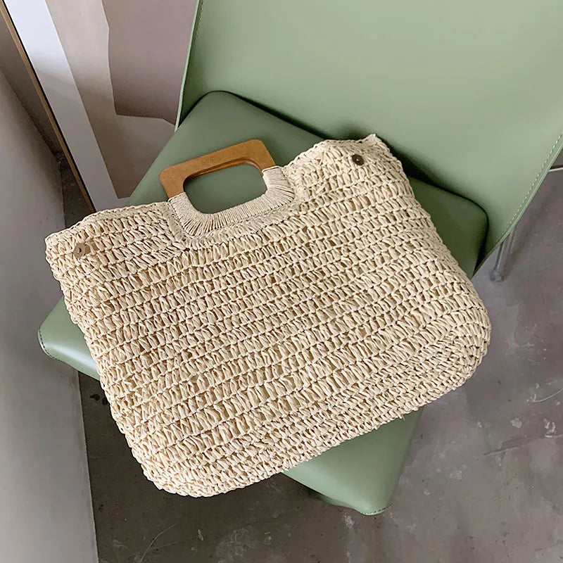 Summer Woven Straw Handbag Female Wooden Handle Bag Large Capacity Travel Beach Bag Fashion Style Totes Hollow out Tote Bolsa
