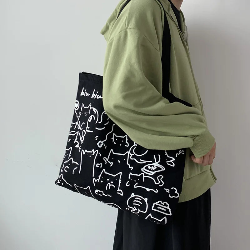 Art Design Cute Animals Printed Handbag Shoulder Bag, Literary Retro Canvas Tote Bags for Women Daily Use Work, Shopping School