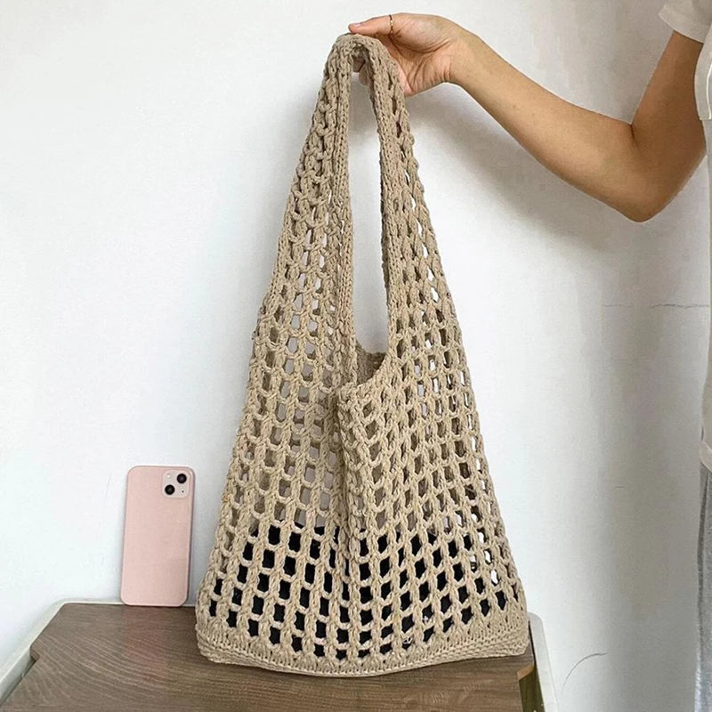 Fashion Crochet Bags for Women Summer Beach Tote Bag Aesthetic Totes Handbag Bohemian Woven Knit Shoulder Bag