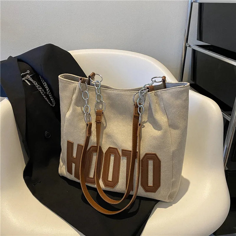 Stylish Tote Bag, Nubuck Pu Letter HOOTO Design for Women Handbag Shoulder Bag, Large Capacity Nylon leisure Travel Shopping Bag