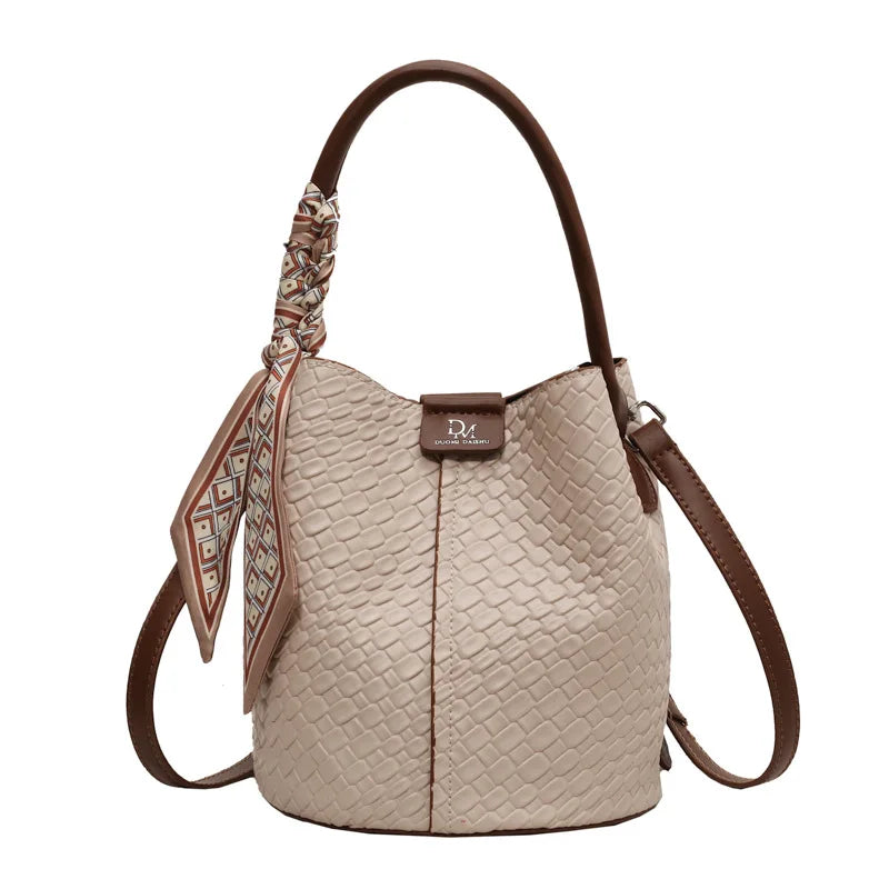 Fashionable Women's Bucket Bag, Stylish Solid Color Woven Effect Handbag Shoulder Bag and Crossbody Bag, Can Be Carried By Hand