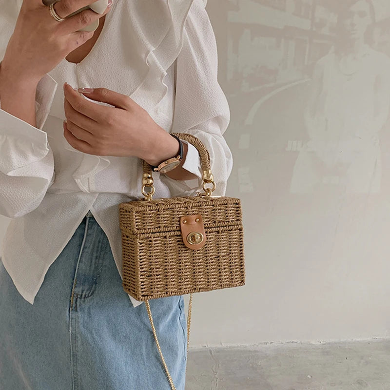 Summer Box Small Purse and Handbags For Women Rattan Straw Woven Crossbody Shoulder Bags Female Fashion Chain Travel Beach Bags