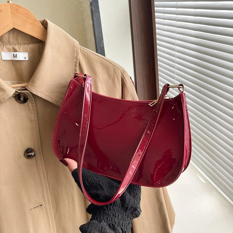 Women's Patent Leather Handbag Versatile Fashion Shoulder Bag Casual Commuting Bag Girl Brand Designer Zipper Small Handbag