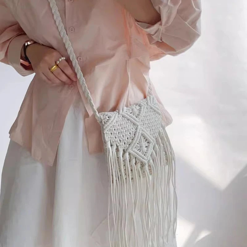 New Casual Handmade Crochet Braid Fringed Bag Women Tassel Knitted Handbag Female Beach Bohemian Shoulder Messenger Bag