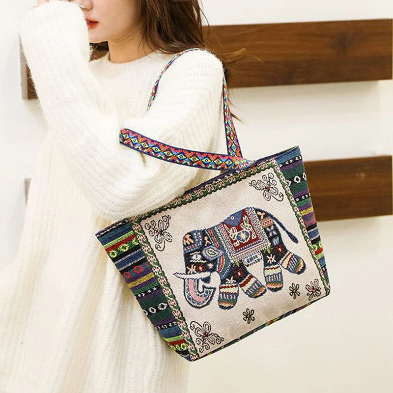 New Ethnic Style Shoulder Bag Office Handbag Student Canvas Embroidery Elephant  Casual Travel Storage Tote Bag For Women