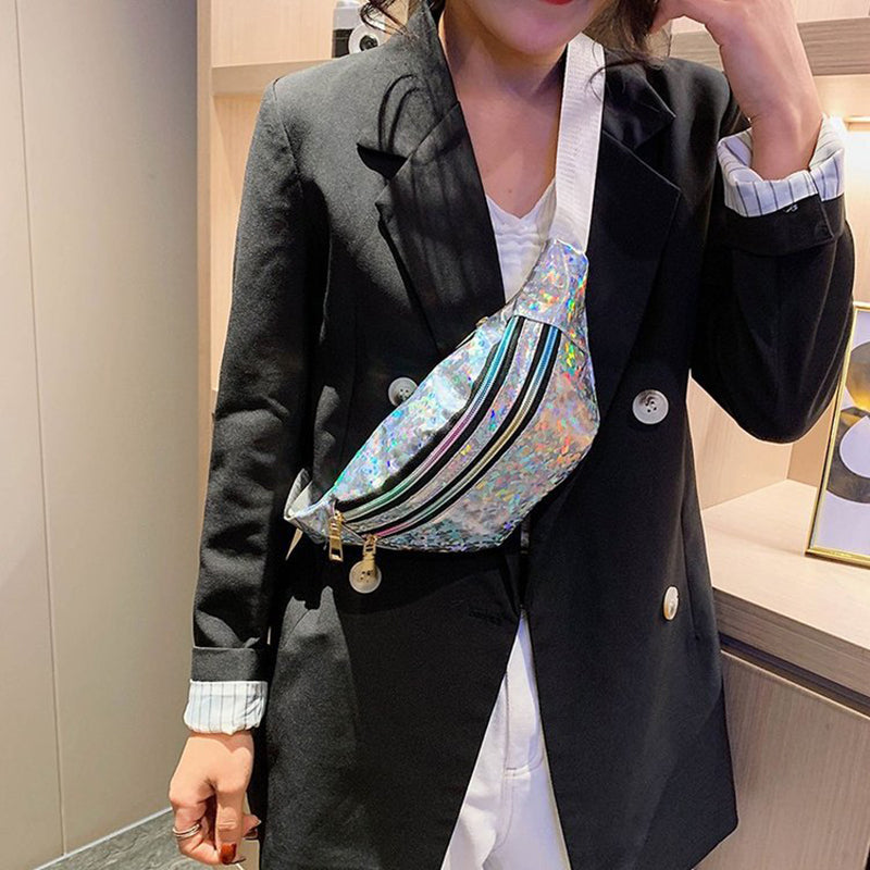 Holographic Fanny Pack Hologram Waist Bag Laser PU Leather Travel Banana Hip Bum Zip Waist Bags Women Shoulder Bag for Girls
