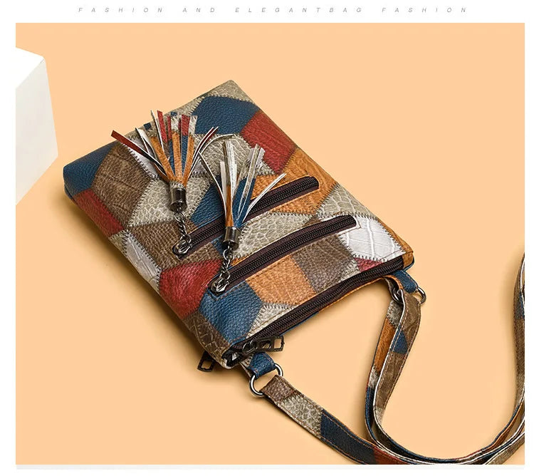 Retro PU Soft Leather Multi Pocket Handbag Shoulder Bag with Color Blocking Plaid Tassel Cross Bags, Mobile Phone Messenger Bag