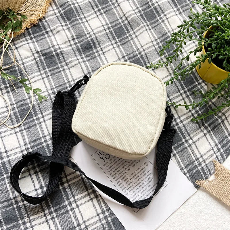 Cartoon Mini Canvas Bag Cute Small Crossbody Bags for Woman Phone Tissue Coin Purse Pocket, Student Shoulder Bag with Pin Bear