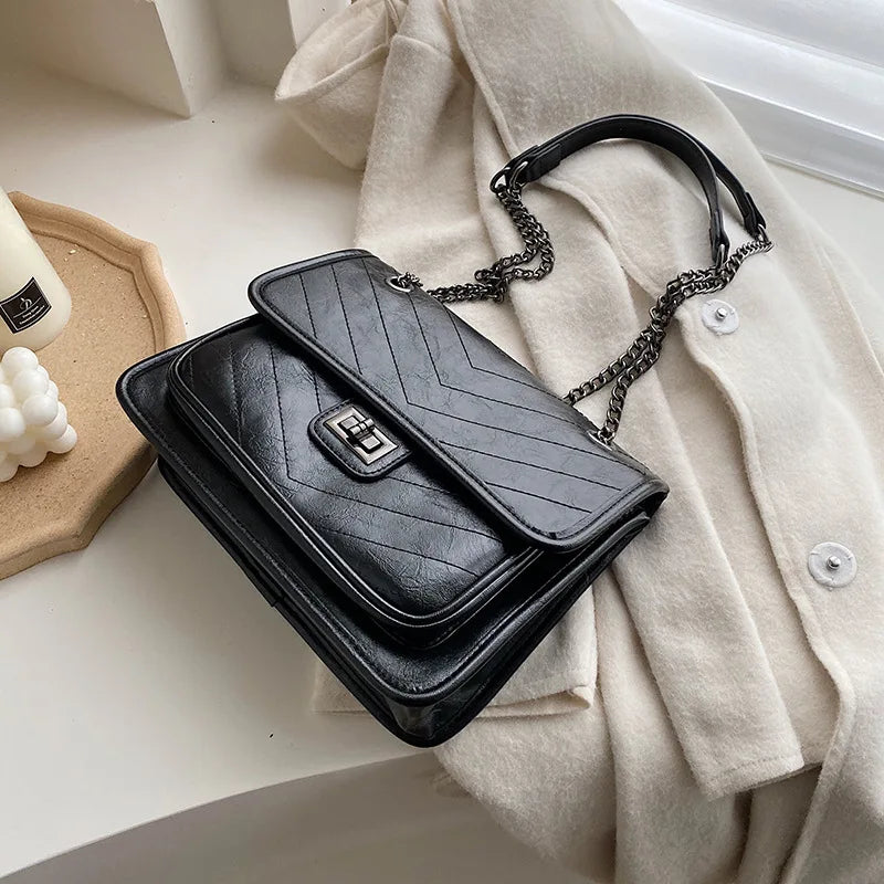 Versatile Chain Pu Shoulder Bag, European American Vintage Armpit Bag, Stylish Buckle Cross Body Bags for Women Office Workers