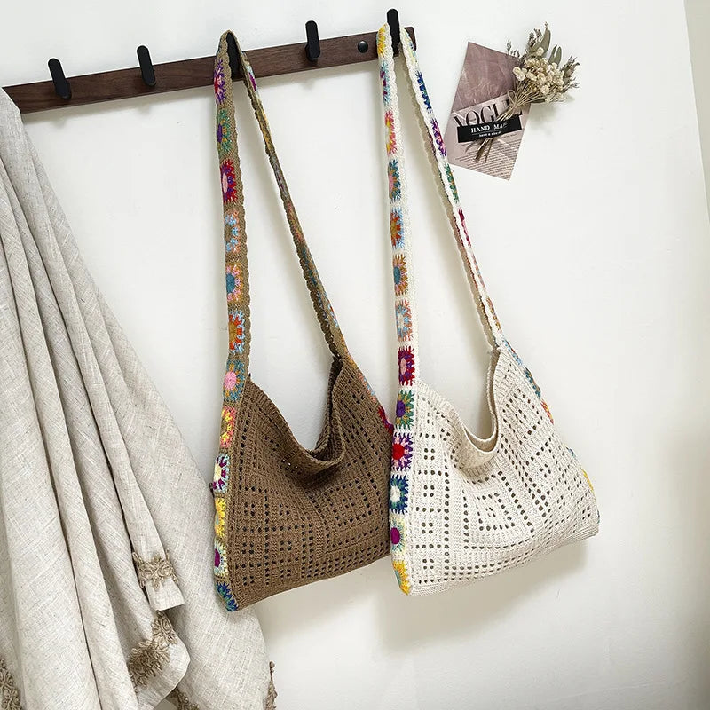Large Capacity Fashion Boho Tote Bag Trendy Floral Crochet Handmade Knitted Bag Vintage Multicolor Hollow Out Handbag