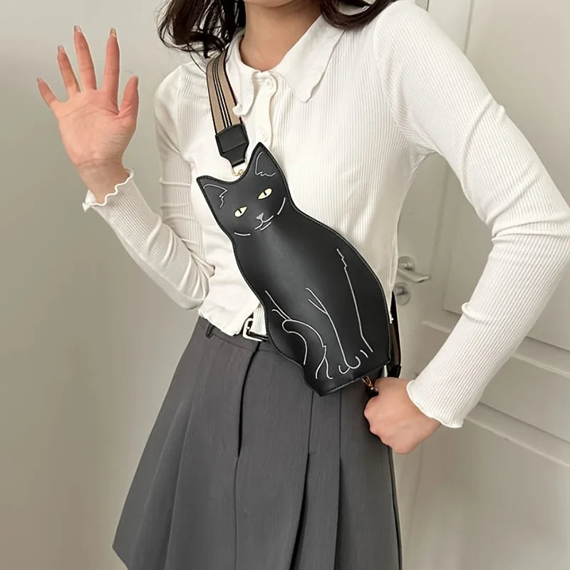 Stylish Black Cat Crossbody Bag, Ladies Chest Bag, Large Capacity PU Leather Purse Retro Animal Design Cute Cartoon Shoulder Bag