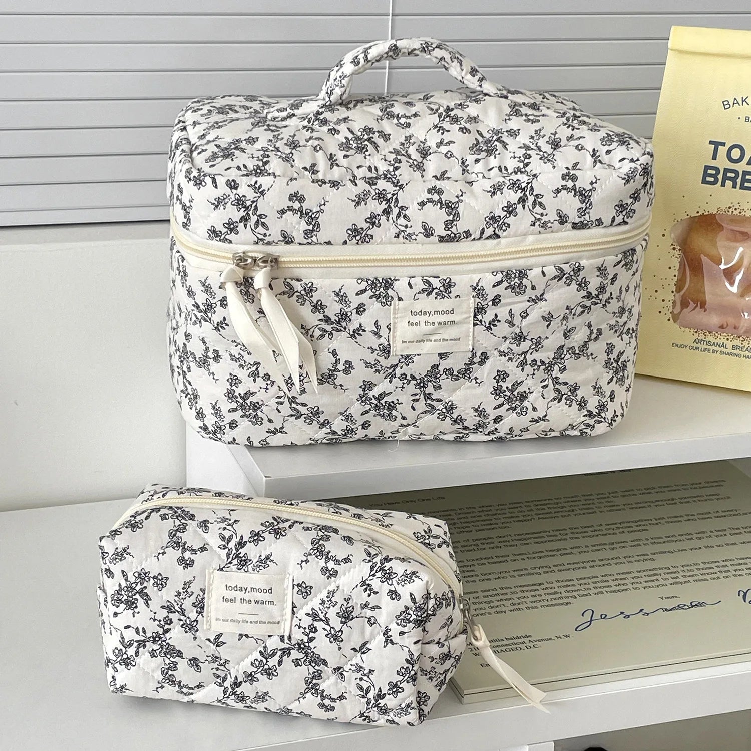 Fashion Ins Black Flower Women Quilting Bags Handbag Travel Organizer Cosmetic Makeup Storage Pouch Portable Zipper Tote Bag