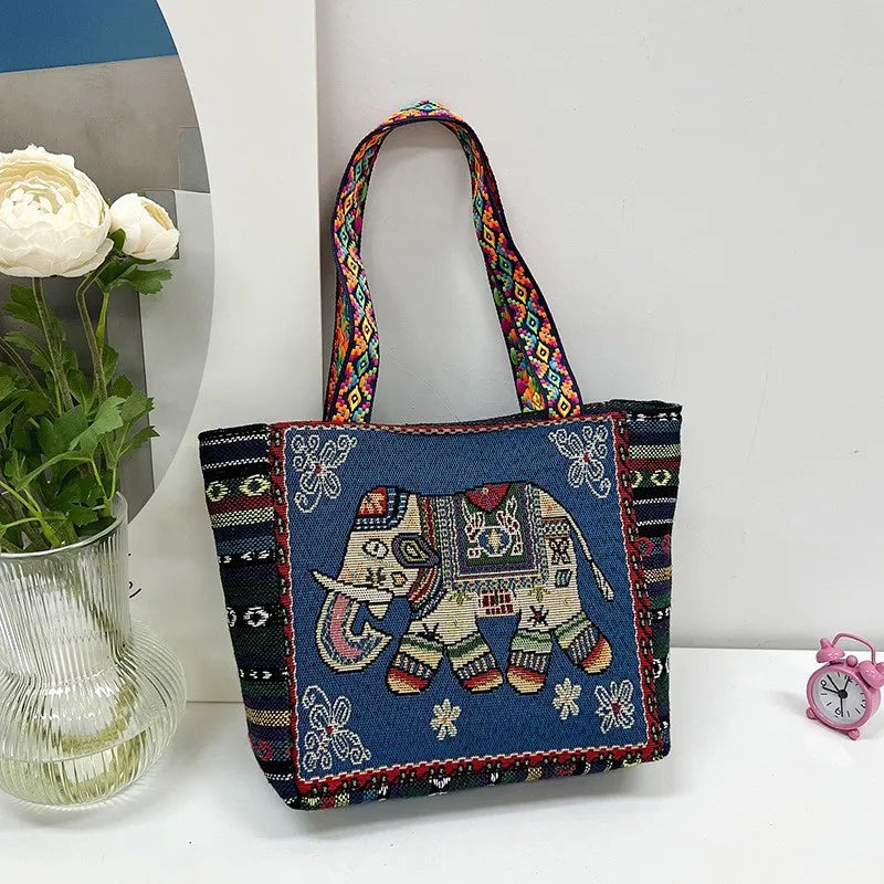 New Ethnic Style Shoulder Bag Office Handbag Student Canvas Embroidery Elephant  Casual Travel Storage Tote Bag For Women