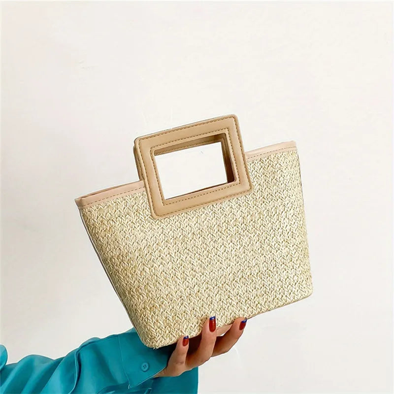 Retro Woven Bag, Summer Solid Tote Bag, Contrast Binding Straw Handbag for Women Business/Work/Office/Festivals/Vacation/Holiday