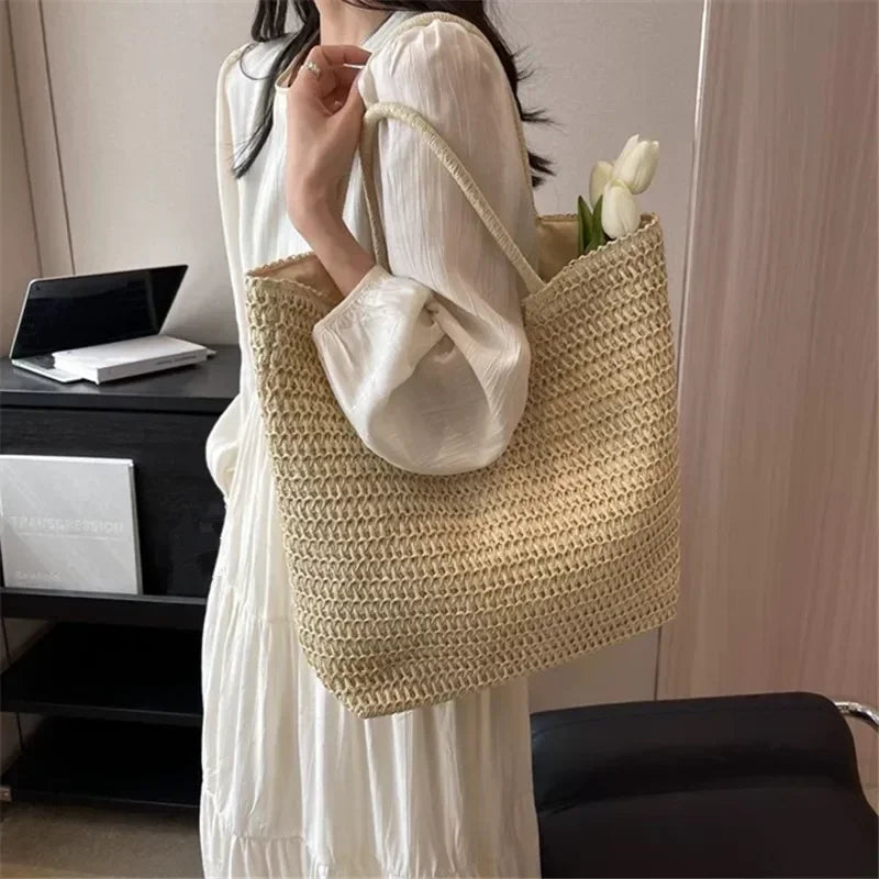Straw Woven Tote Bag Large Capacity Shoulder Bag Versatile Knit Handbag Storage Bags For Women Stylish Vacation Beach Shopping