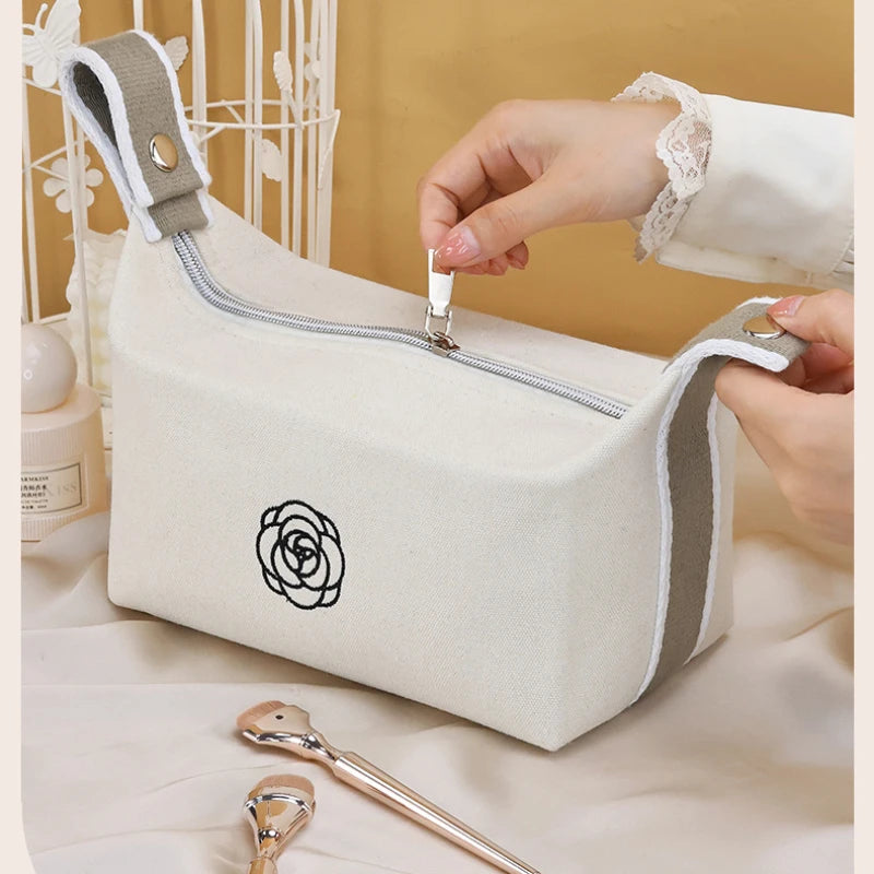 Premium Handheld Portable Camellia Canvas Makeup Bag for Travel Large Capacity Toiletries Cosmetics Skincare Storage Bag