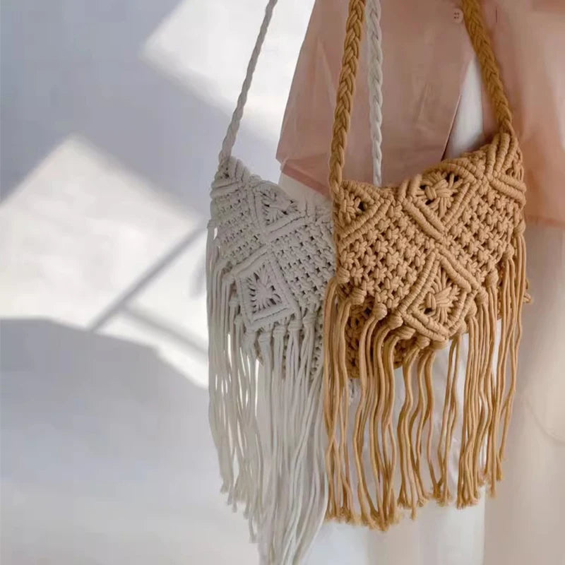 New Casual Handmade Crochet Braid Fringed Bag Women Tassel Knitted Handbag Female Beach Bohemian Shoulder Messenger Bag