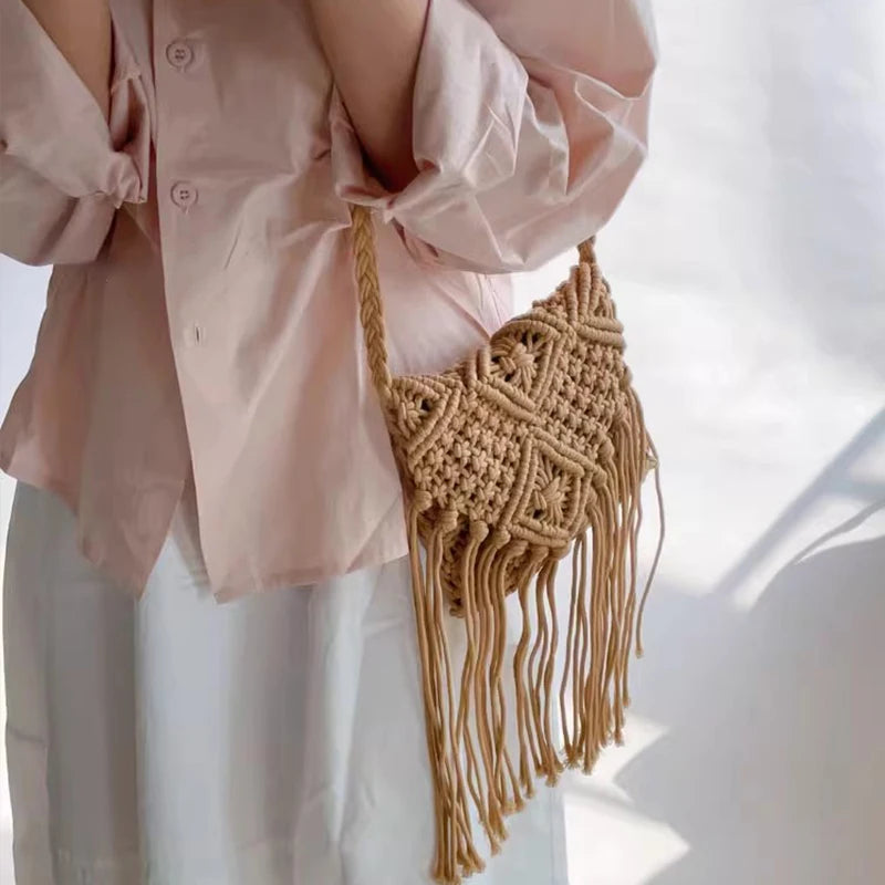 New Casual Handmade Crochet Braid Fringed Bag Women Tassel Knitted Handbag Female Beach Bohemian Shoulder Messenger Bag