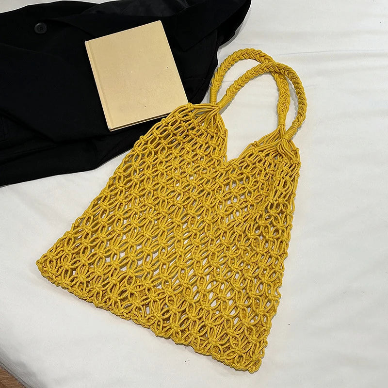 Women Bag Bucket Cotton Beach Bag Bag Casual Hollow Out Solid Soft High-Capacity Shoulder Bag Travel Handbag