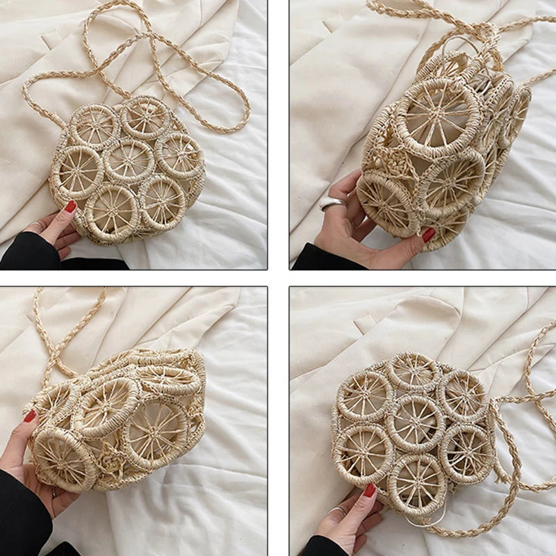 Summer Hollow Round Straw Bag For Women Casual Woven Handmade Crossbody Bag New Trendy Rattan Beach Bags Designer Circle Handbag