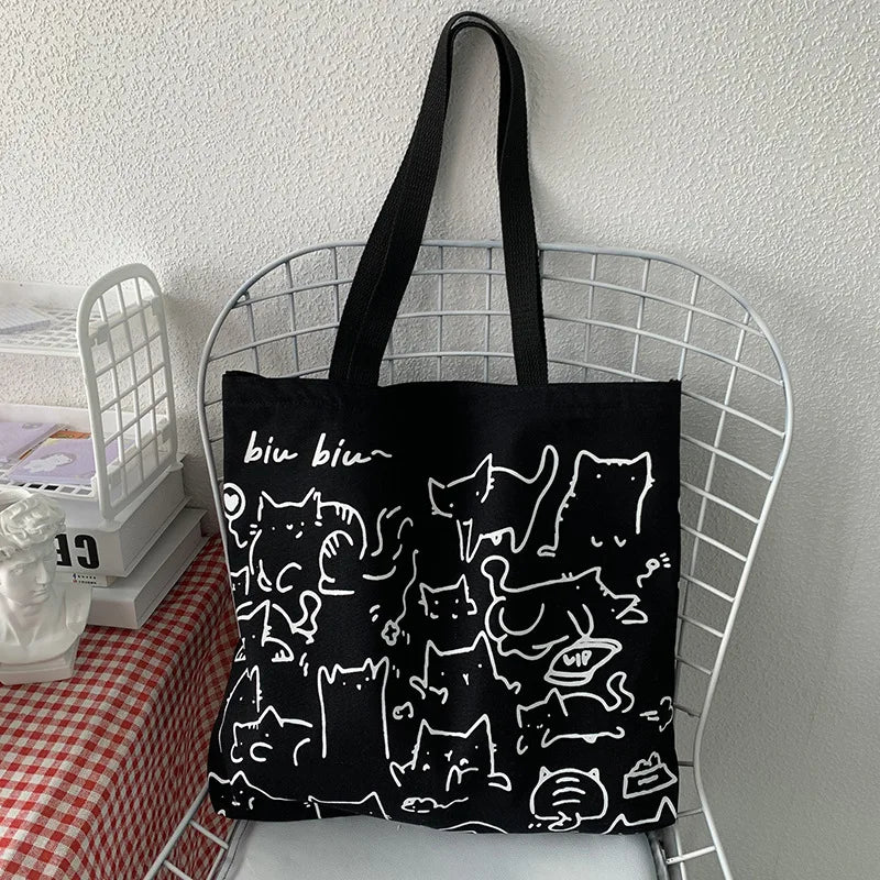 Art Design Cute Animals Printed Handbag Shoulder Bag, Literary Retro Canvas Tote Bags for Women Daily Use Work, Shopping School