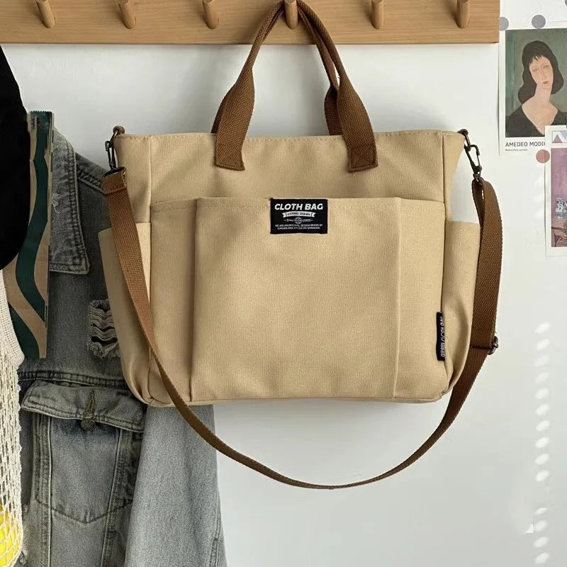 Urban Minimalist Female Student Large Capacity Commuting Horizontal Canvas Single Shoulder Diagonal Cross Portable Tote Bag