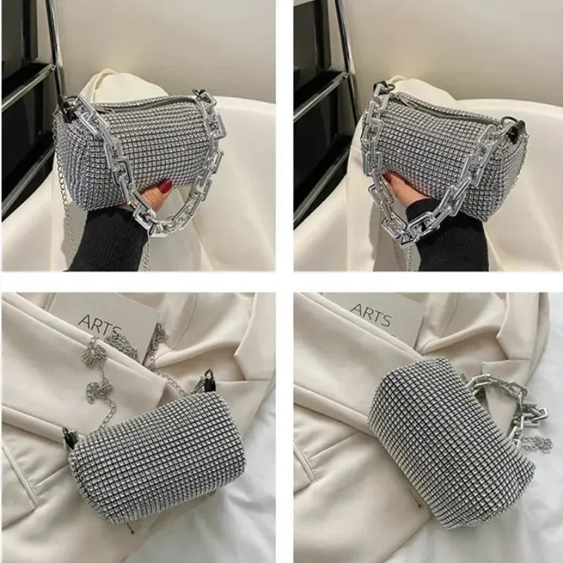 Full Version Rhinestone Bucket Tote Bag, Stylish Sparkling Chain Ball Pillow Shoulder Bag, Women's Mini Hand-Held Crossbody Bag