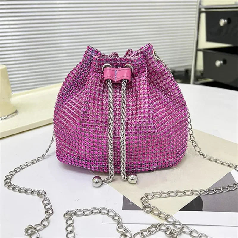 Charming Rhinestone Dinner Bag Sparkling Drawstring Chain Bucket Shoulder Crossbody Bags for Women Daily Christmas Party Banquet