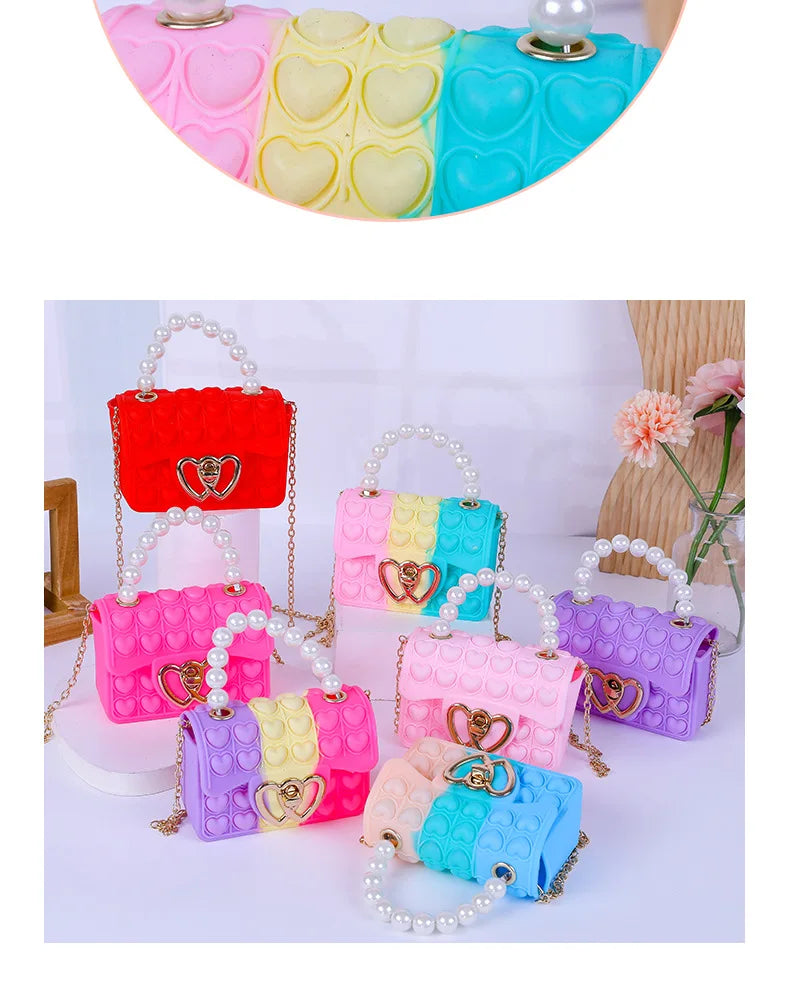 Silicone Love Bubble Jelly Bag, Popper Pressure Relieving Purse, Pop It Handbag With Faux Pearl Handle, Cute Chain Crossbody Bag
