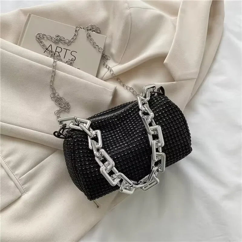 Full Version Rhinestone Bucket Tote Bag, Stylish Sparkling Chain Ball Pillow Shoulder Bag, Women's Mini Hand-Held Crossbody Bag
