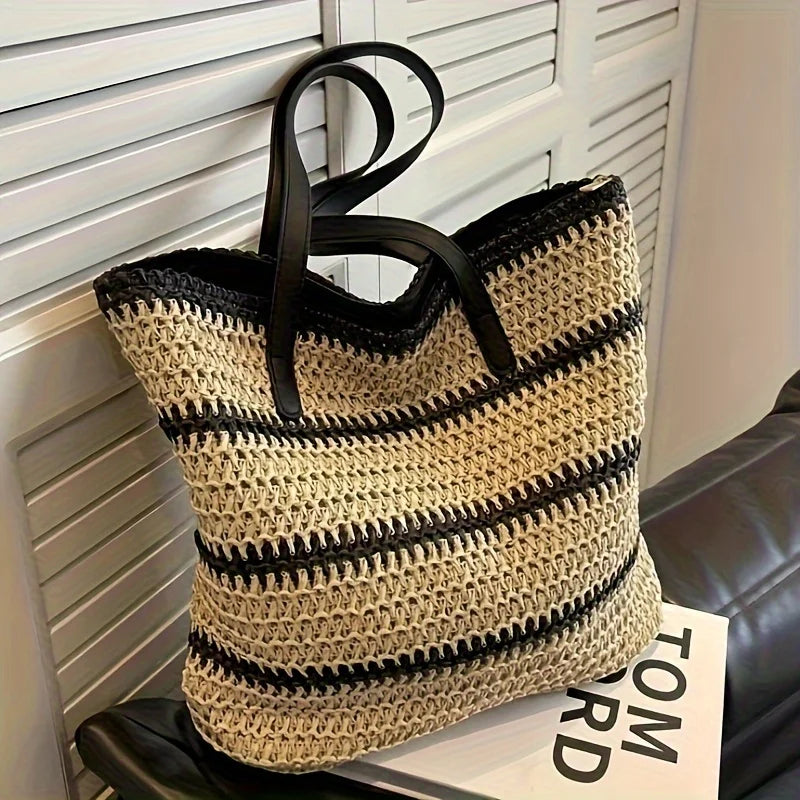 Large Boho Chic Striped Woven Tote Bag, Spacious Shoulder Beach & Shopping Bag for Women with Black and White Design, Beach Bag