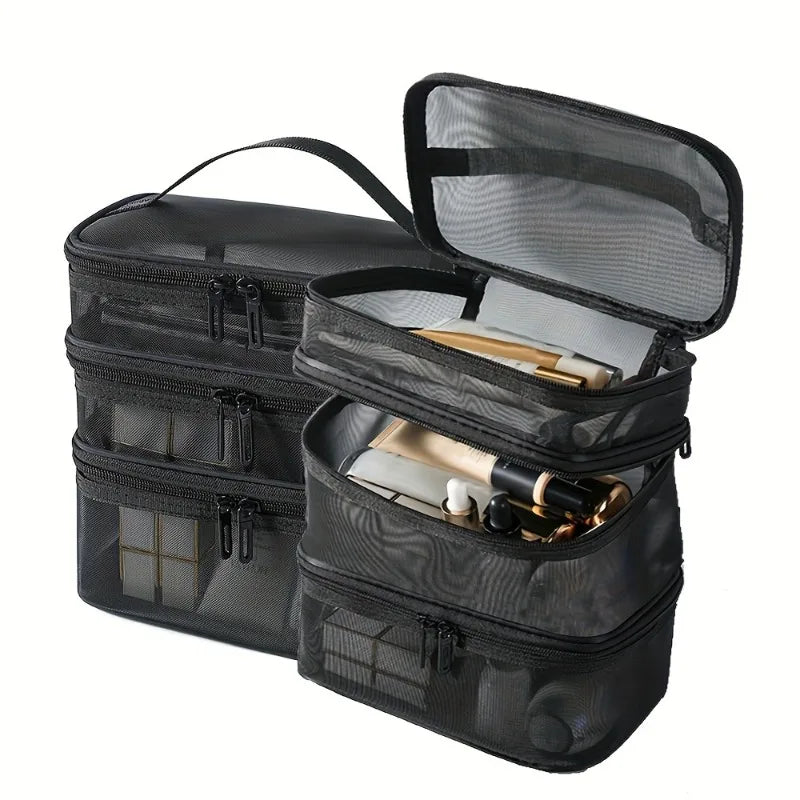 3-Layer Mesh Cosmetic Bags Large Capacity Foldable Travel Organizer Bag for Toiletries Cosmetics Makeup Case Bag