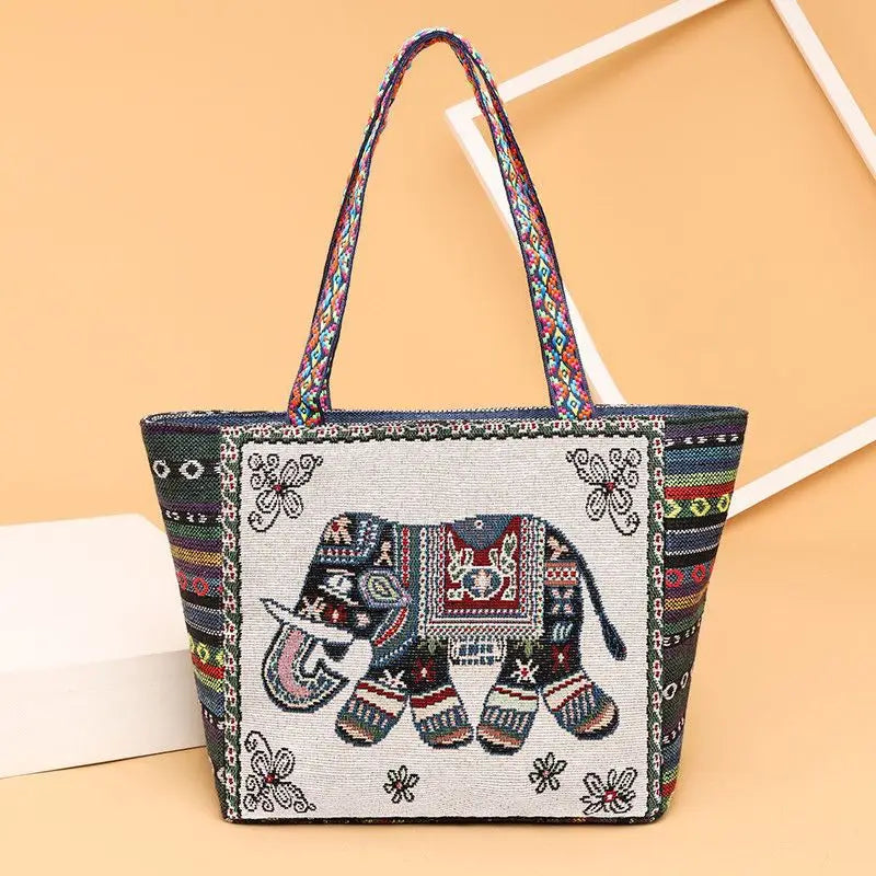 New Ethnic Style Shoulder Bag Office Handbag Student Canvas Embroidery Elephant  Casual Travel Storage Tote Bag For Women