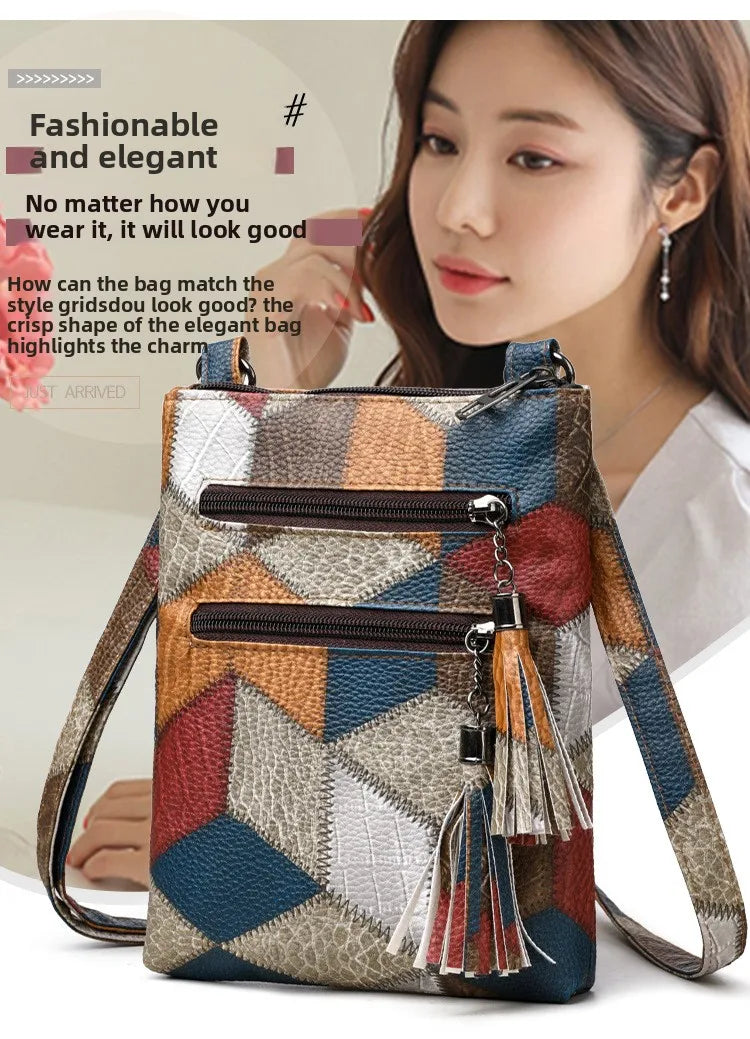Retro PU Soft Leather Multi Pocket Handbag Shoulder Bag with Color Blocking Plaid Tassel Cross Bags, Mobile Phone Messenger Bag