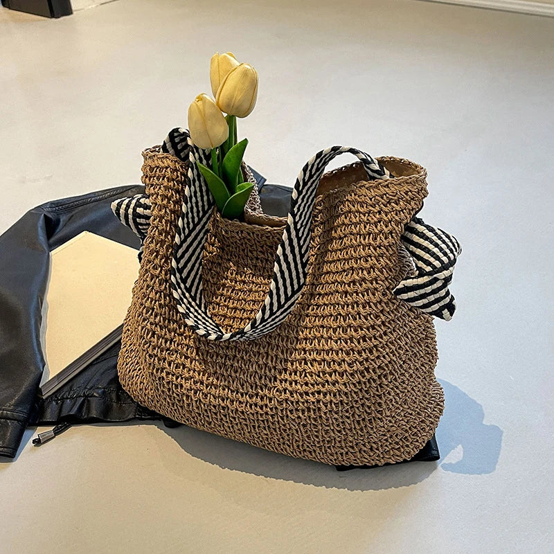 Big Capacity Straw Beach Bag Vintage Handmade Woven Shoulder Bag Raffia Rattan Handbag Bohemian Summer Vacation Crossbody Bags