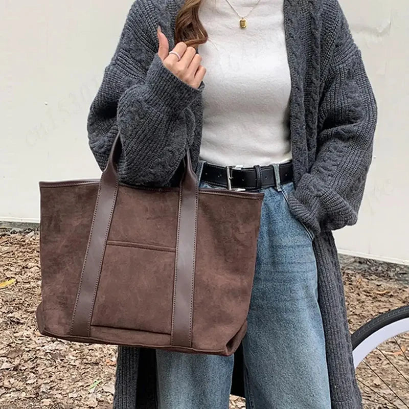 Vintage Suede Large Capacity Handbag Simple All-match Fashion Tote Bags Design Casual Top Handle Shoulder Bag For Women