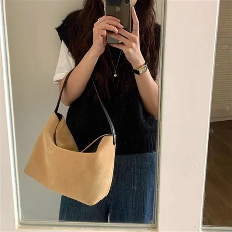 Retro Velvet Women's Bag, Splicing Handbag, Versatile Single Shoulder Armpit Bag with Magnetic Buckle Fashionable Matte Tote Bag