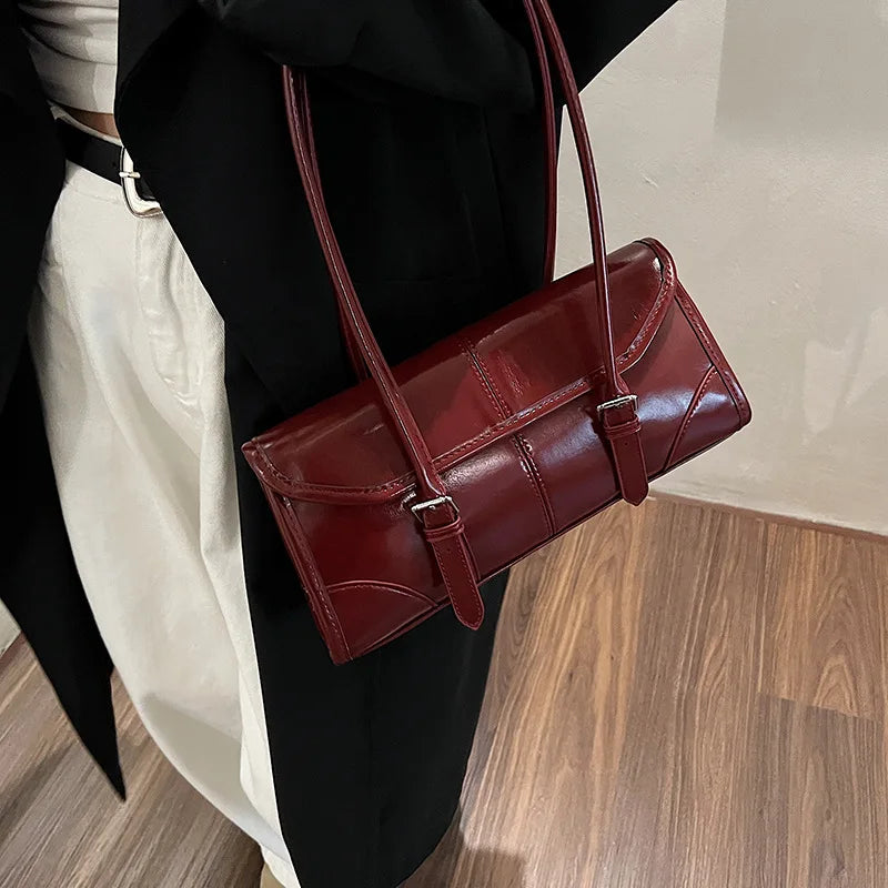 High End Burgundy Oil Wax PU Leather Underarm Bag Elegant Women's Magnetic Buckle Shoulder Bag Commuter Versatile Ladies Tote Ba