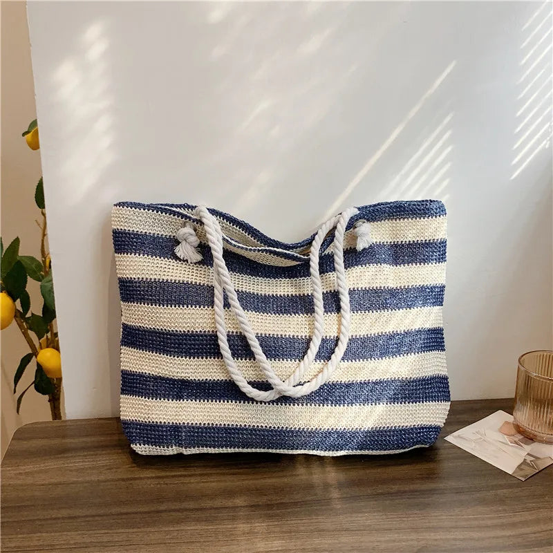 Women Straw Shoulder Bag Color Contrast Beach Handbag Large Capacity Simple Shoulder Bag Ladies Summer Daily Bag
