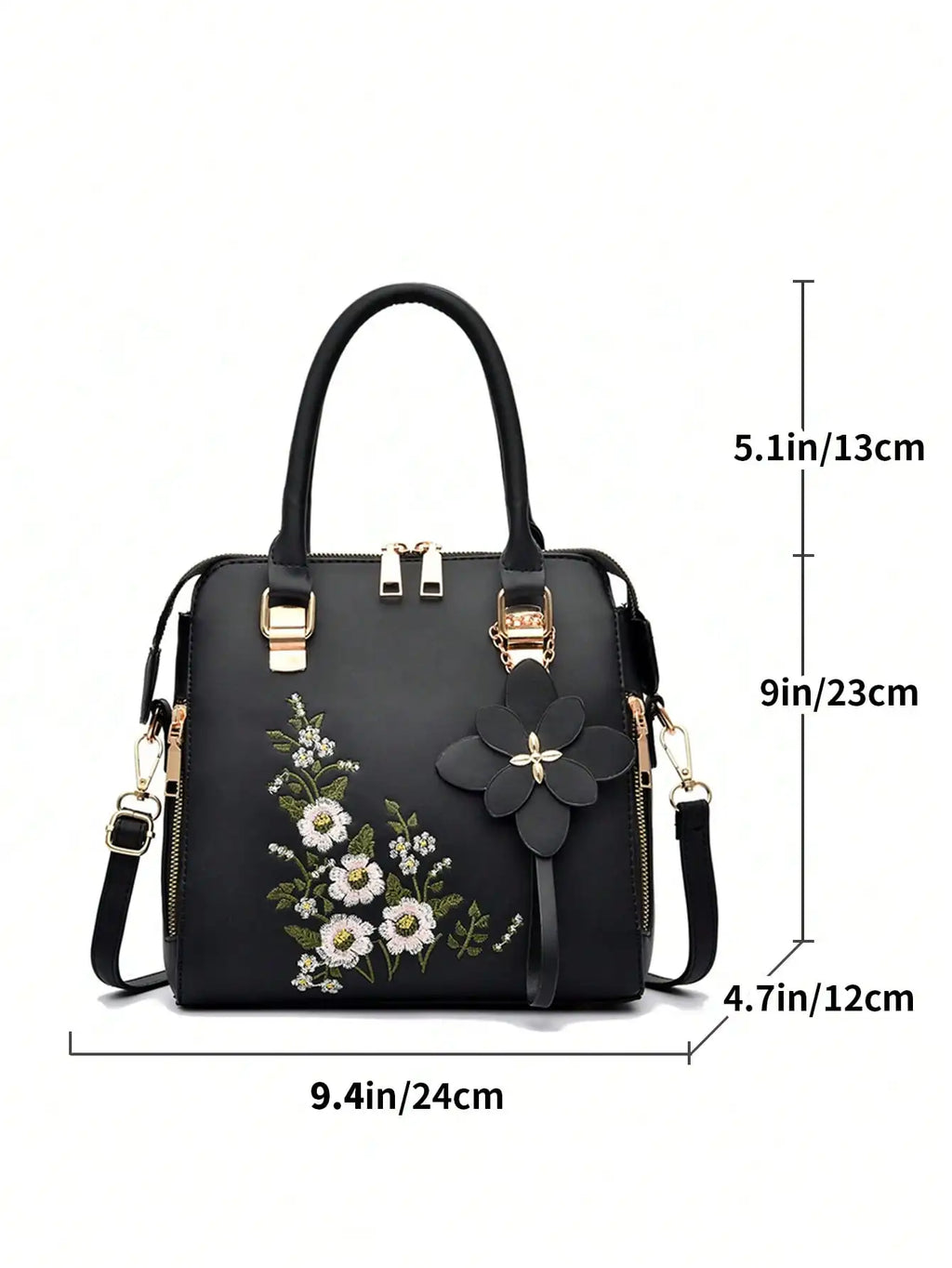 Floral detail shoulder bag, fashionable zipper work large capacity handbag, casual crossbody bag