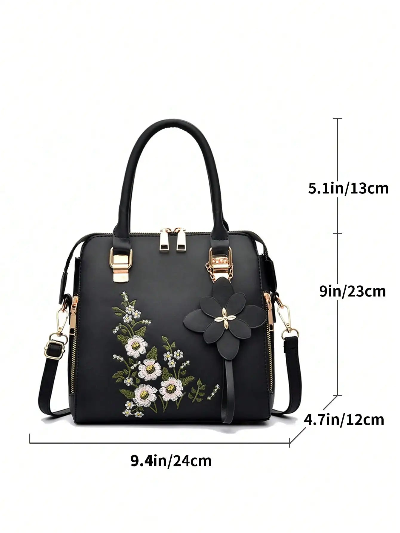 Floral detail shoulder bag, fashionable zipper work large capacity handbag, casual crossbody bag