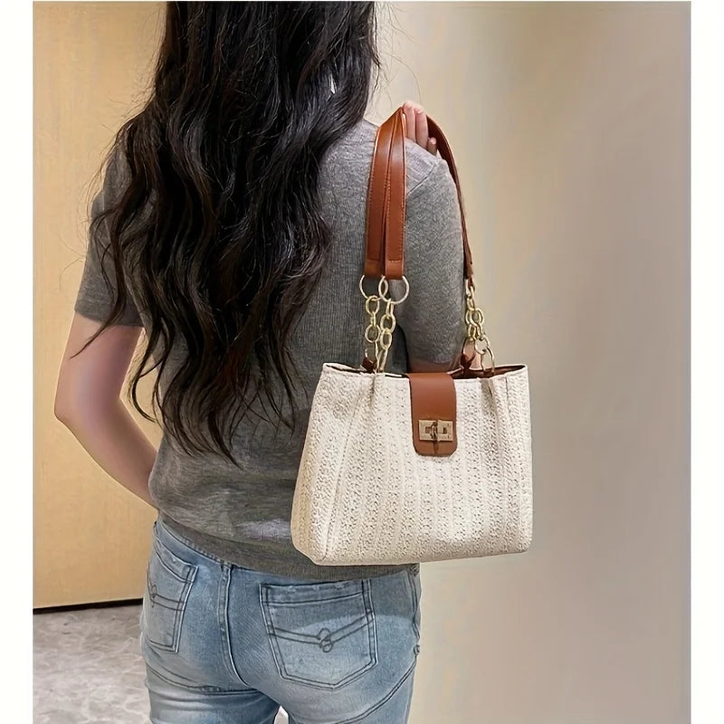 Elegant Women's Woven Fabric Shoulder Bag with Adjustable Chain Strap Front Flap Button Closure Professional Use, Woven Handbag