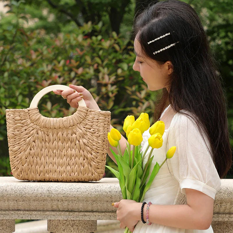 Fashion Lady Straw Woven Basket Handbag Summer Women's Shoulder Bag Bohemia Travel Beach Han made Beach Bucket Shopper Tote