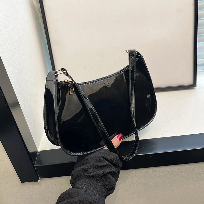 Women's Patent Leather Handbag Versatile Fashion Shoulder Bag Casual Commuting Bag Girl Brand Designer Zipper Small Handbag